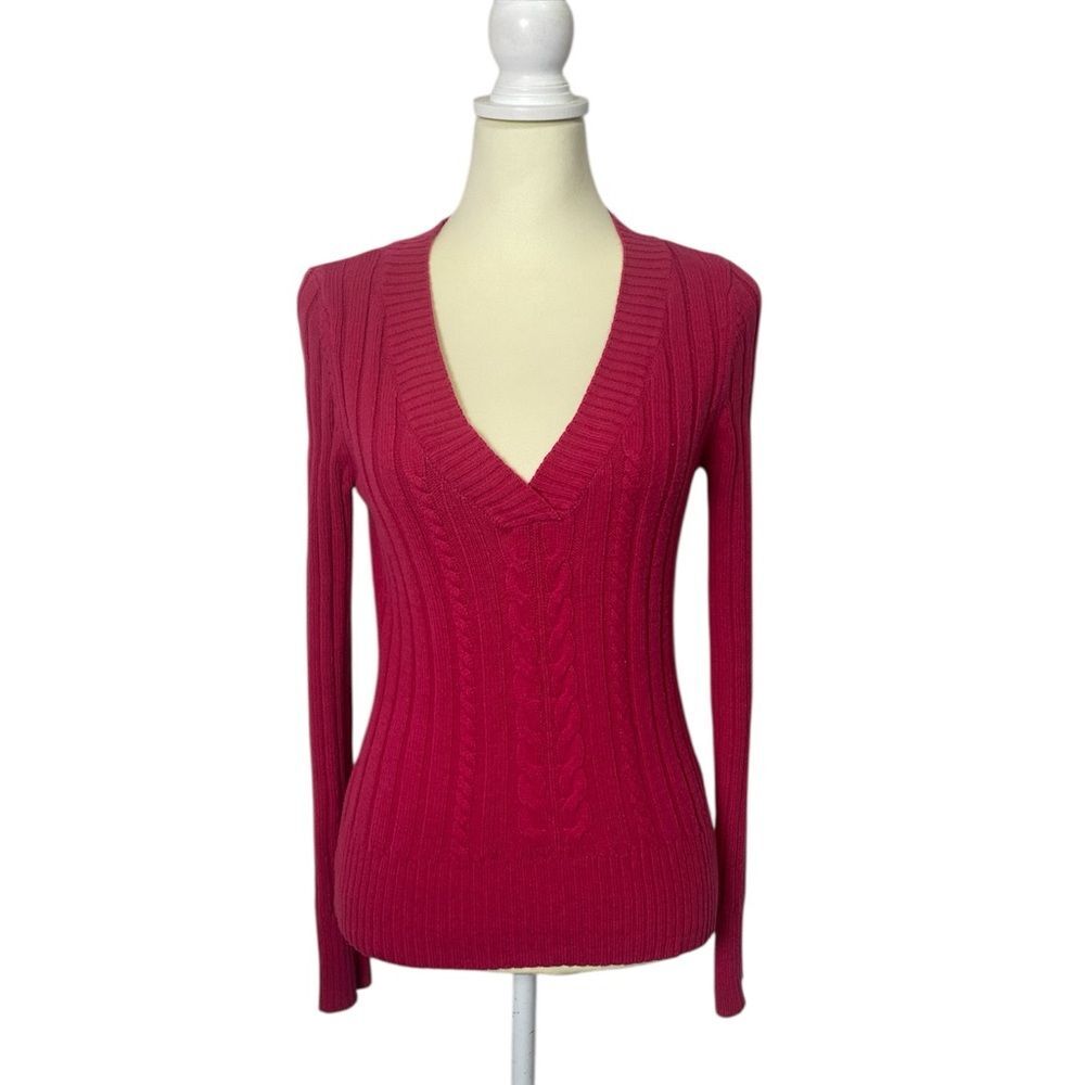 Vintage Aeropostale Y2K Dark Pink Ribbed V-Neck Sweater Women's Size M
